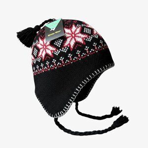 NWT Kids Black and Red Snowflake Fleece Lined Peruvian Beanie with Ear Flaps